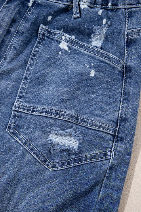 Distressed Splatter Paint Rope Waist Cropped Straight Leg Jeans