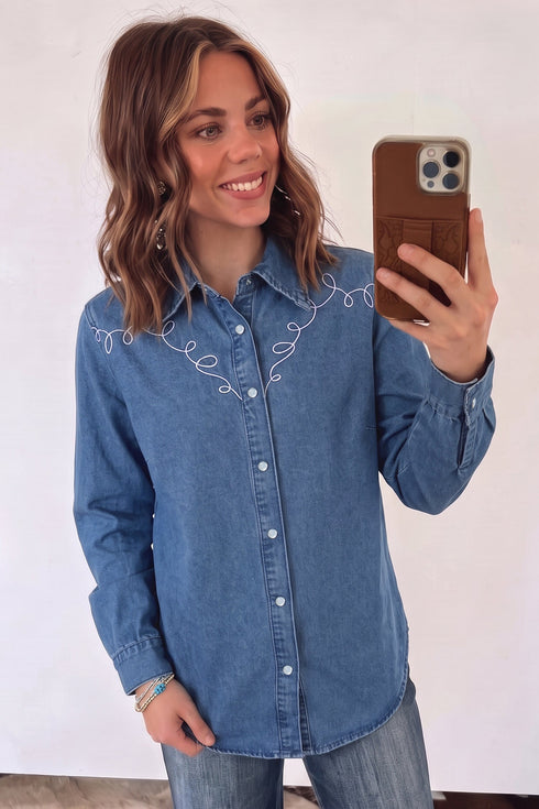 Western Embroidered Collar Long Sleeve Denim Blouse
