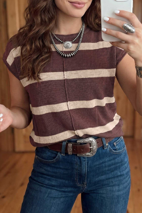 Striped Pattern Knit Western Short Sleeve Sweater