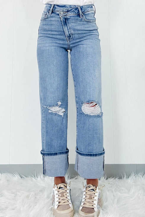 High Rise Asymmetric Button Zip Fly Distressed Jeans