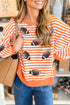 Striped Sequined Rugby Graphic Raw Seam Loose Long Sleeve Tee