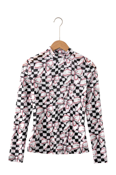 Checkered Baseball Bow Print High Neck Long Sleeve Mesh Top