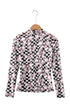 Checkered Baseball Bow Print High Neck Long Sleeve Mesh Top