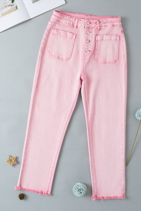 Casual Multi Button Raw Edge Cropped Denim Jeans