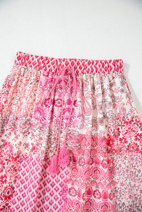 Bohemian Floral Print Tassel Drawstring Maxi Skirt