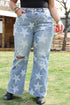 Star Print Multi Button Distressed Wide Leg Jeans
