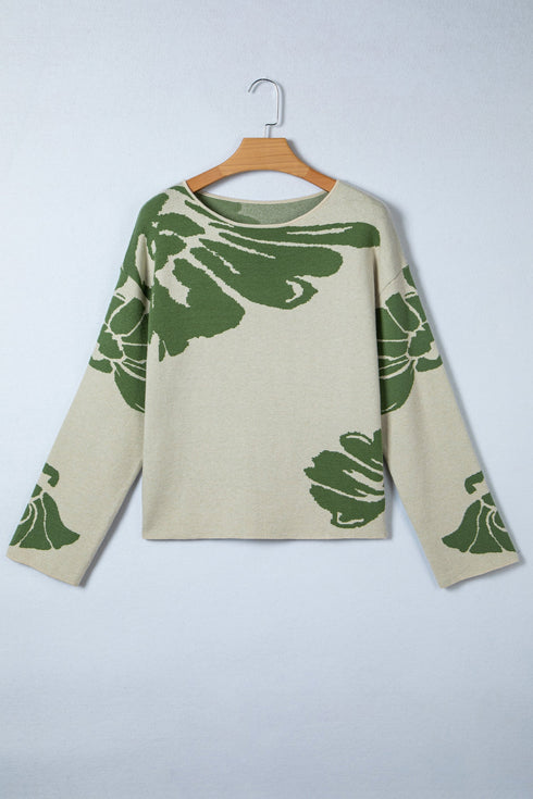 Abstract Botanical Print Boat Neck Knit Pullover Sweater