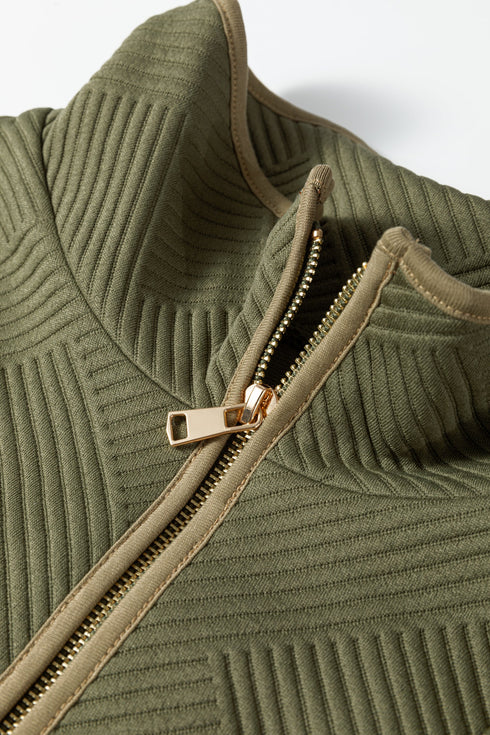 Textured Accent Trim Quarter Zip Bracelet Sleeve Mini Dress