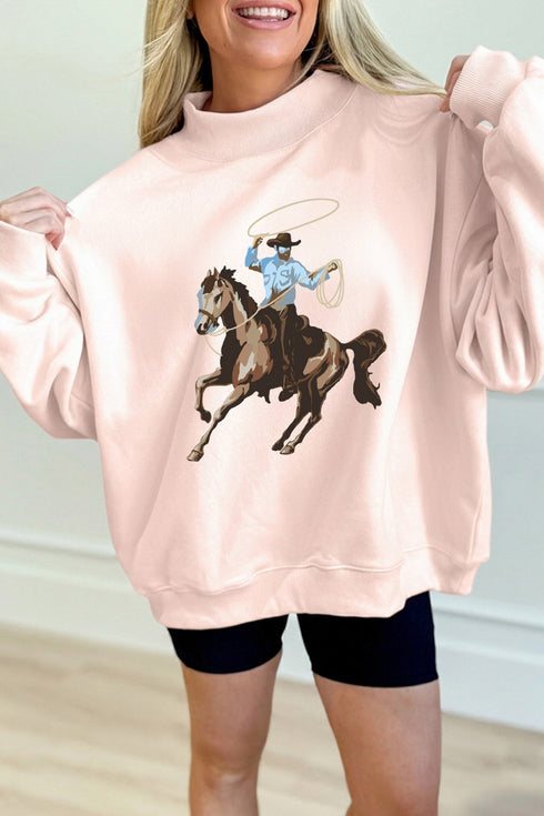 Cowboy Rodeo Print Western Mock Neck Sweatshirt