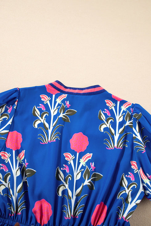 Floral Puff Short Sleeve V Neck High Waist Maxi Dress