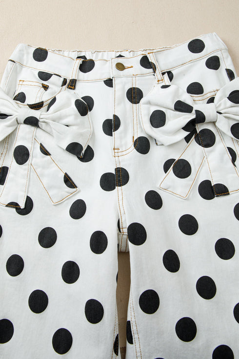 Polka Dot Print Bow Detail Pocketed Denim Jeans