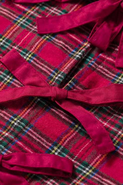 Plaid Tie Neck Ruffle Cuff Long Sleeve Blouse