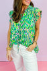 Abstract Print Ruffle Flutter Sleeve Tie Neck Blouse