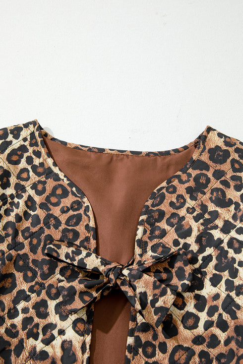 Exclusive All Over Leopard Print Quilted Tie Front Jacket