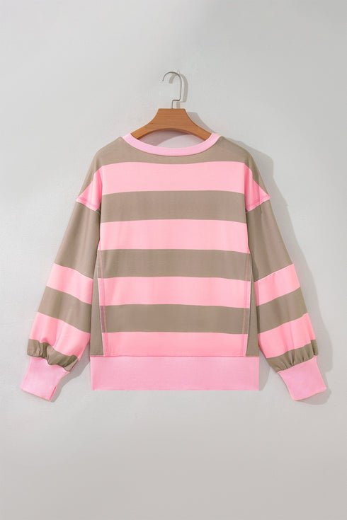 Striped Patch Pocket Split Hem Oversized Long Sleeve Sweatshirt