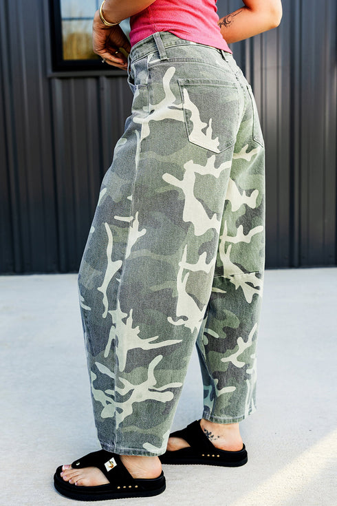 Camo Print Button Fly Straight Leg Ankle Length Jeans