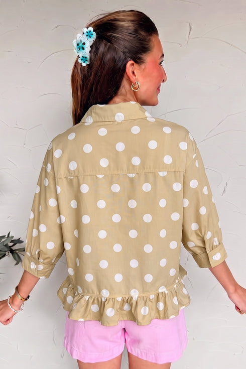 Polka Dot Print Three Quarter Sleeve Ruffle Hem Blouse