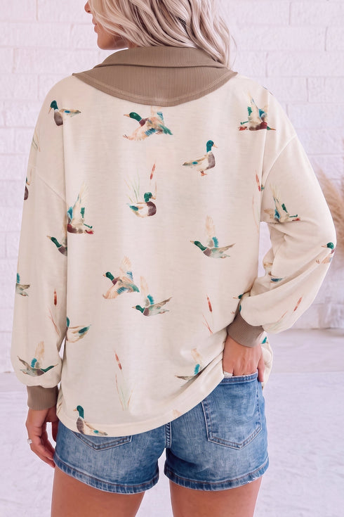 Mallard Print Patchwork Zip Neck Tunic Top
