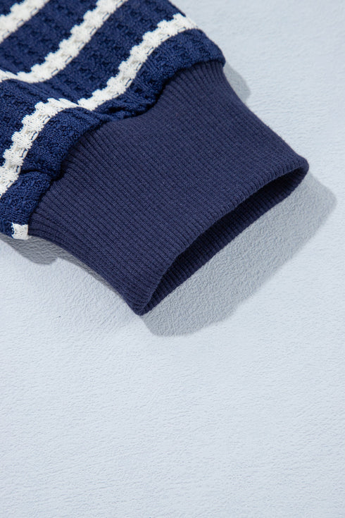 Preppy Textured Stripe Half Zip Collared Pullover Top