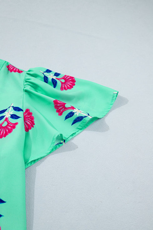 Southern Belle Floral Print Flutter Sleeve V Neck Blouse