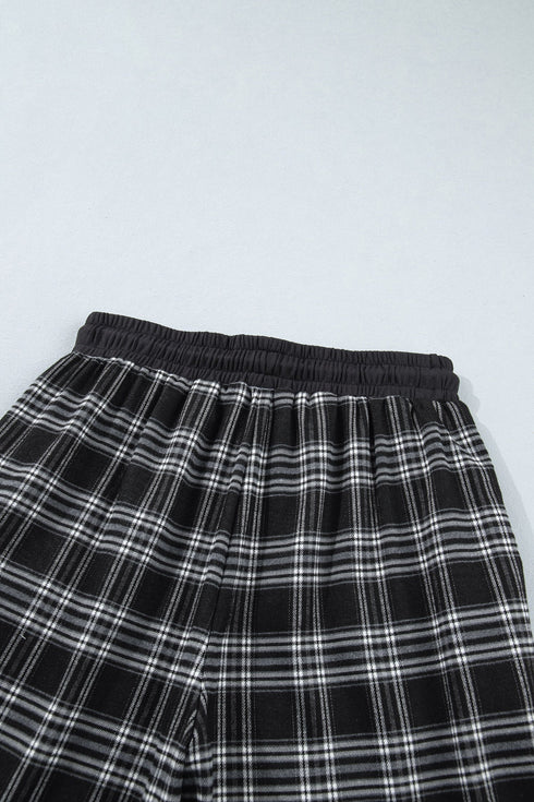 French Plaid Drawstring Waist Wide Leg Pants