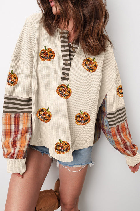 Sequined Pumpkin Face Patched Henley Waffle Tee