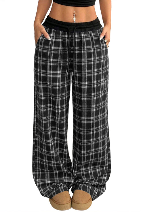 Frenchy Plaid Pattern Drawstring Waist Wide Leg Pants