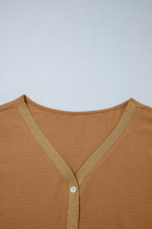 V Neck Glitter Trim Patchwork Button Front Blouse