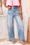 Frayed Studded Detail Wide Leg Pocketed Jeans