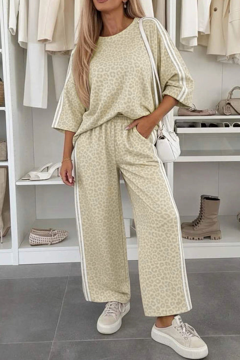 Leopard Print Varsity Striped Three Quarter Sleeve Top Shift Pant Set