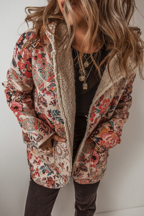 Bohemian Floral Print Sherpa Lined Fleece Hooded Jacket