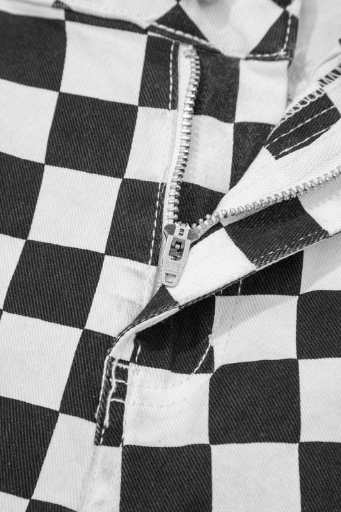 Checkerboard Print Distressed Raw Edge Cropped Denim Jeans