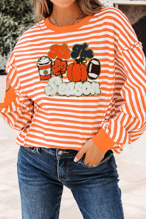 Striped Pumpkin Vibe Graphic Print Long Sleeve Tee