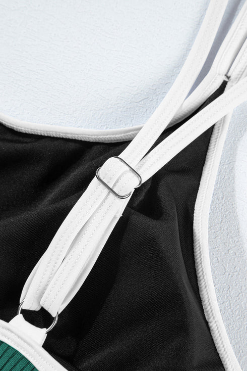 Ribbed Contrast Trim Adjustable Strap Two Piece Swimwear