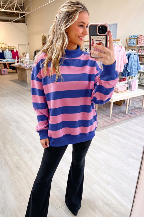 Mock Neck Cotton Striped Pattern Relaxed Sweatshirt