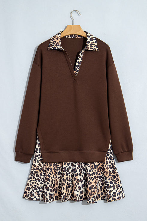 Leopard Patchwork Collared Long Sleeve Mini Dress