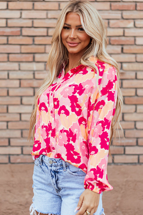 Abstract Floral Balloon Sleeve Button Down Shirt