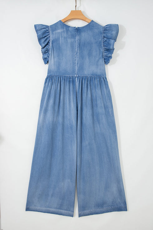 Ruffled Short Sleeve Button V Neck Wide Leg Denim Jumpsuit