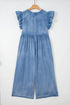 Ruffled Short Sleeve Button V Neck Wide Leg Denim Jumpsuit