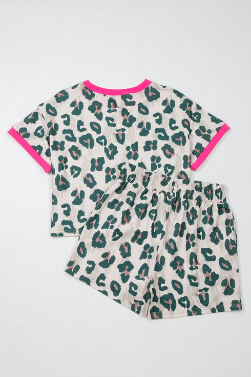 Western Style Leopard Print Contrast Trim Short Set