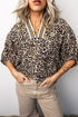 Leopard Trim V Neck Half Sleeve Western Dolman Blouse