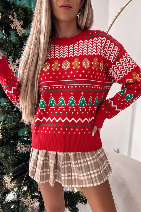 Gingerbread Tree Pattern Round Neck Pullover Sweater