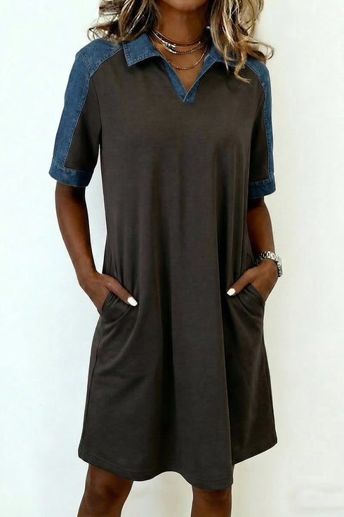 Western Denim Patchwork Polo Collar Shift T Shirt Dress