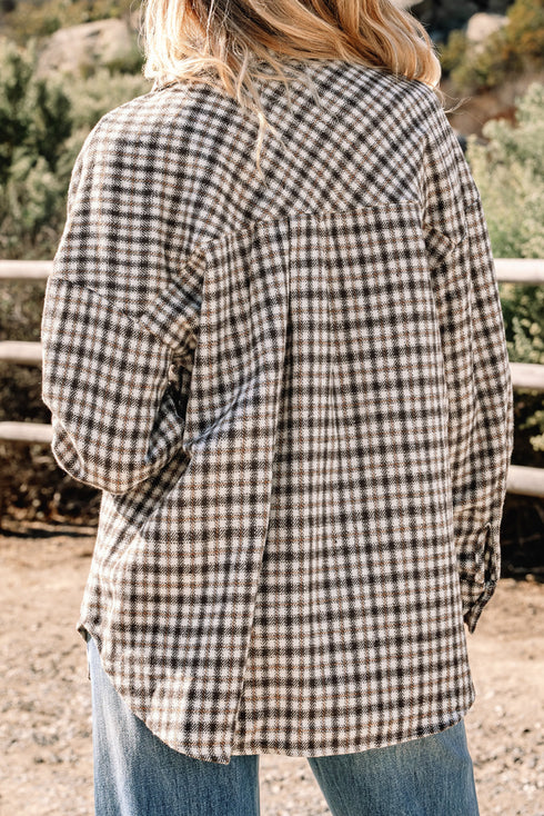 Corduroy Textured Patchwork Flap Pocket Plaid Shacket