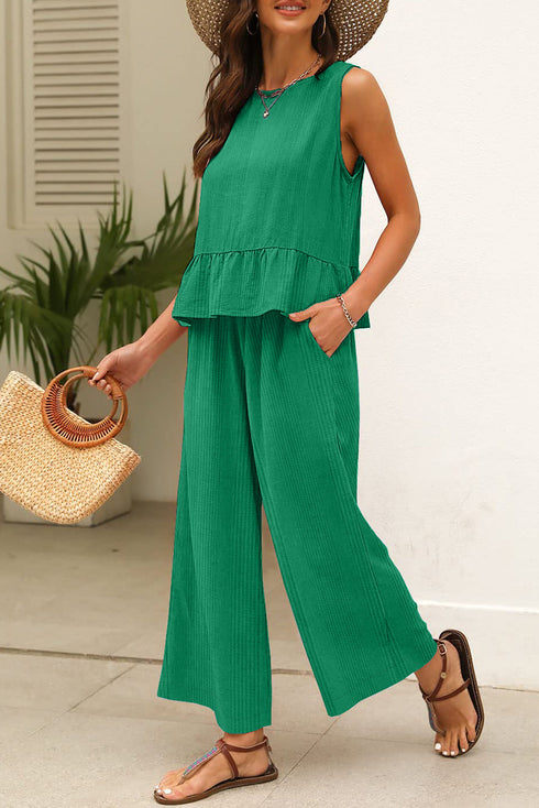 Textured Ribbed Ruffle Tank Top Wide Leg Pant Set