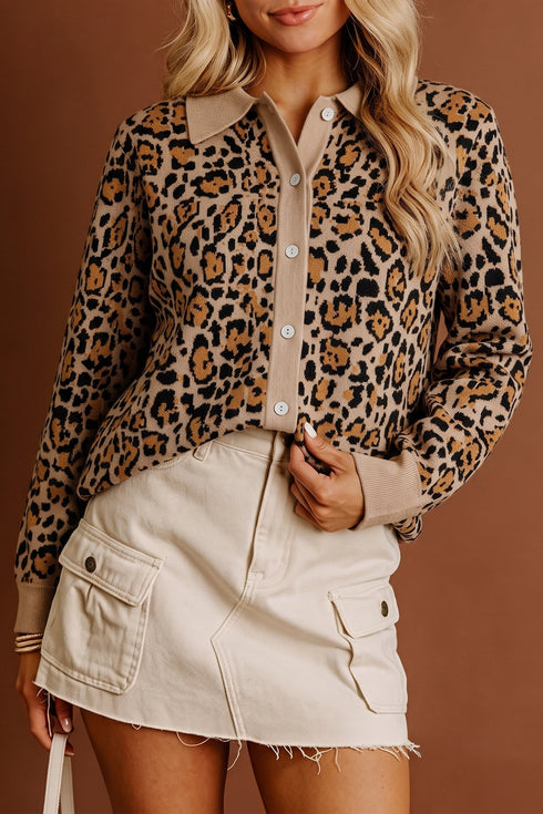 Leopard Print Button Front Long Sleeve Knit Cardigan