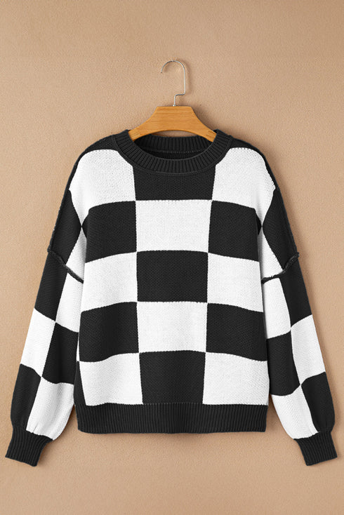 Acrylic Seamed Checkered Pattern Bishop Sleeve Sweater