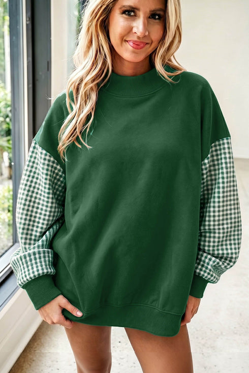 Mock Neck Plaid Pattern Sleeve Loose Tunic Sweatshirt