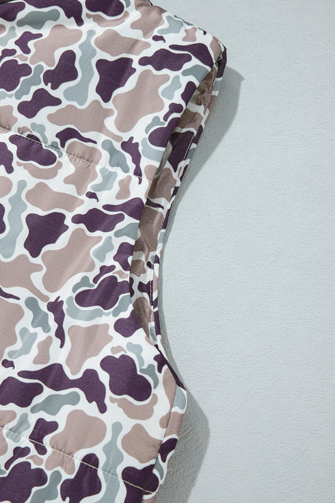 Camouflage Puffer Stand Neck Zip Up Sleeveless Vest