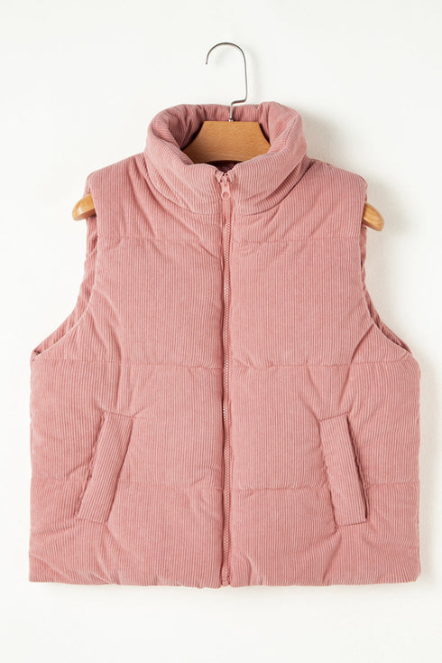 Textured Corduroy Stand Neck Zipped Puffer Vest